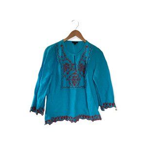 J Crew Embroidered Tunic Top Medium M Aqua Blue Red 100% Linen Shirt Blouse